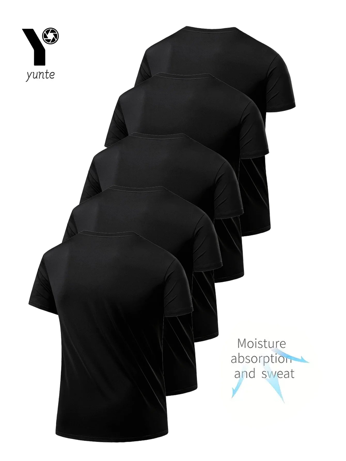 Round Neck T-Shirt 5-Piece Black Ultra-Light Men's Quick-Drying