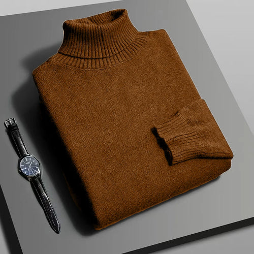 Autumn Mens High Quality Knitted Turtleneck Sweater Slim Fit Long