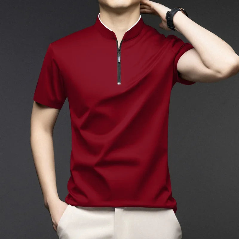 2025 New Men's Casual Fashion Zipper Solid Color Short Sleeved Polo