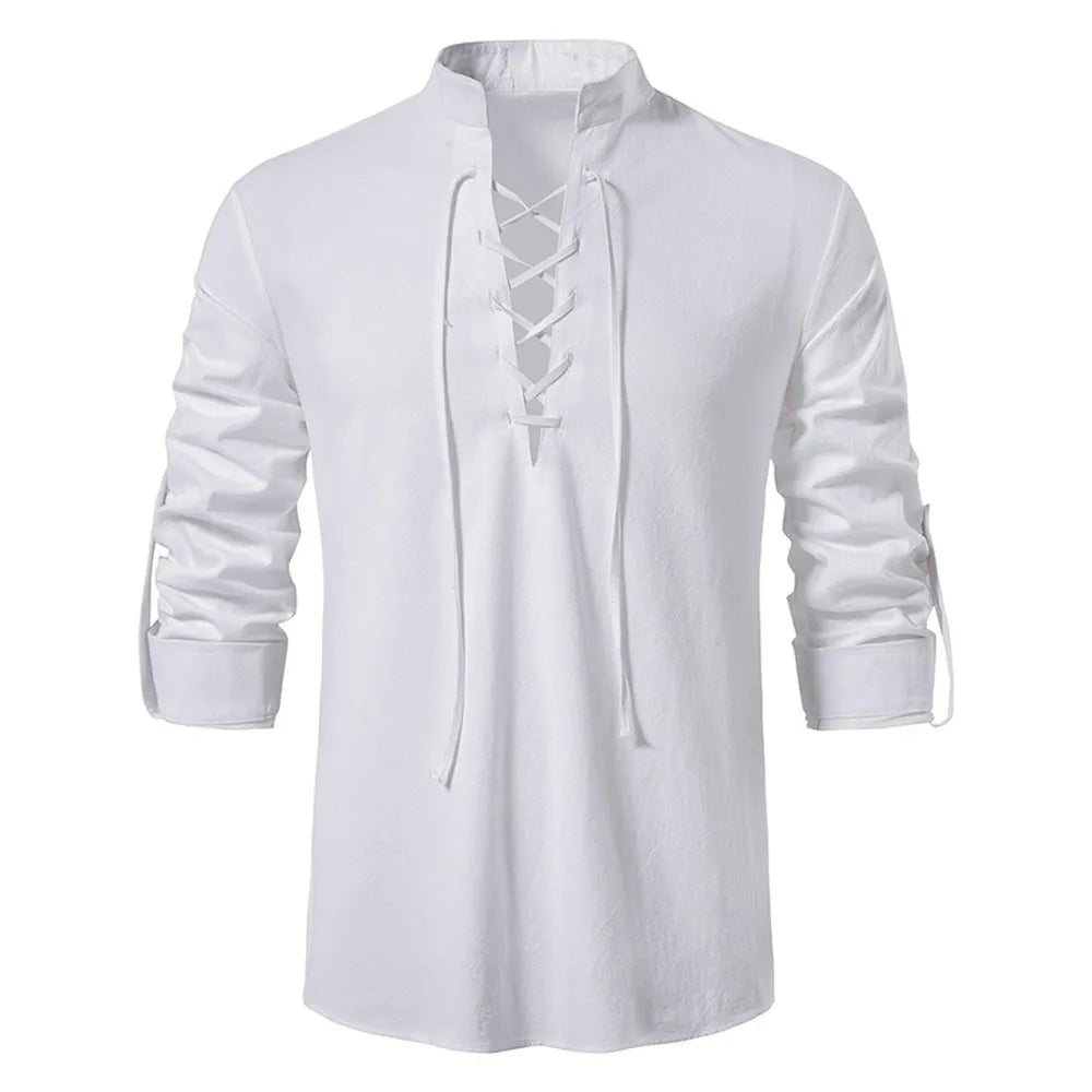 2023 New Men's Casual Blouse Cotton Linen Shirt Tops Long Sleeve Tee