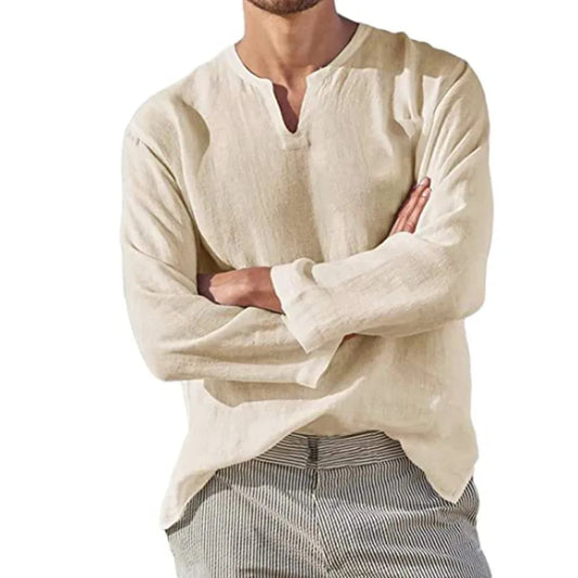 Men's Cotton Linen Shirt Cozy Solid Color Long Sleeve Breathable Tops