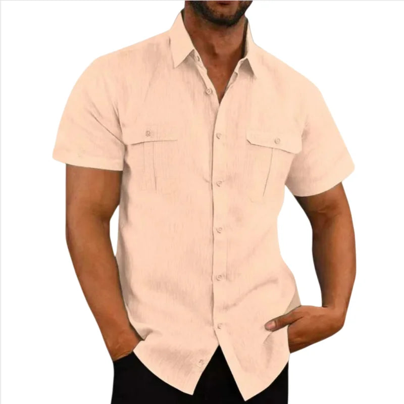 Cotton Linen Hot Sale Men Short-Sleeved Shirts Summer Solid Color