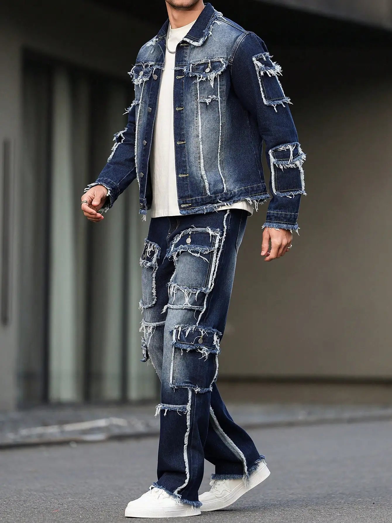 Men's spring and autumn denim suit, multi - pocket design, wide