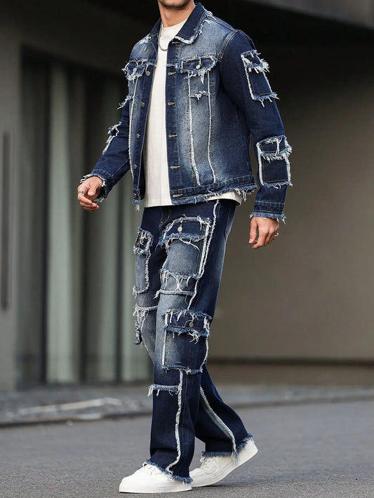 Men's spring and autumn denim suit, multi - pocket design, wide