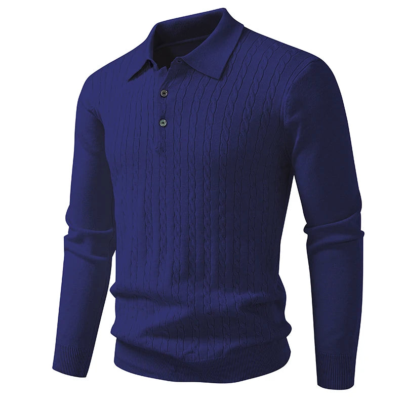 Autumn Mens Polo Sweater V Neck Long Sleeve Knit Button Polos Ribbed