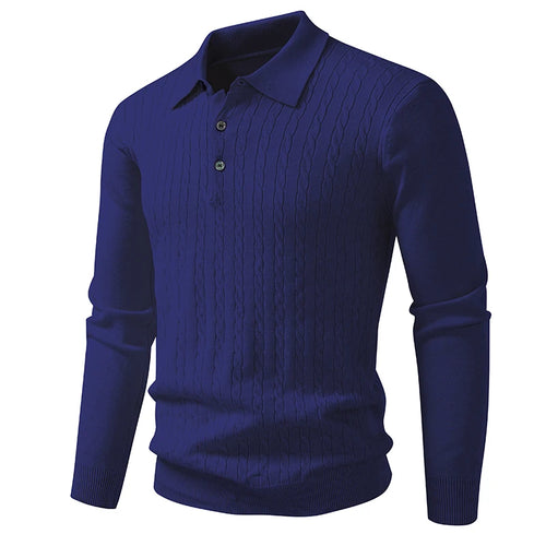 Autumn Mens Polo Sweater V Neck Long Sleeve Knit Button Polos Ribbed