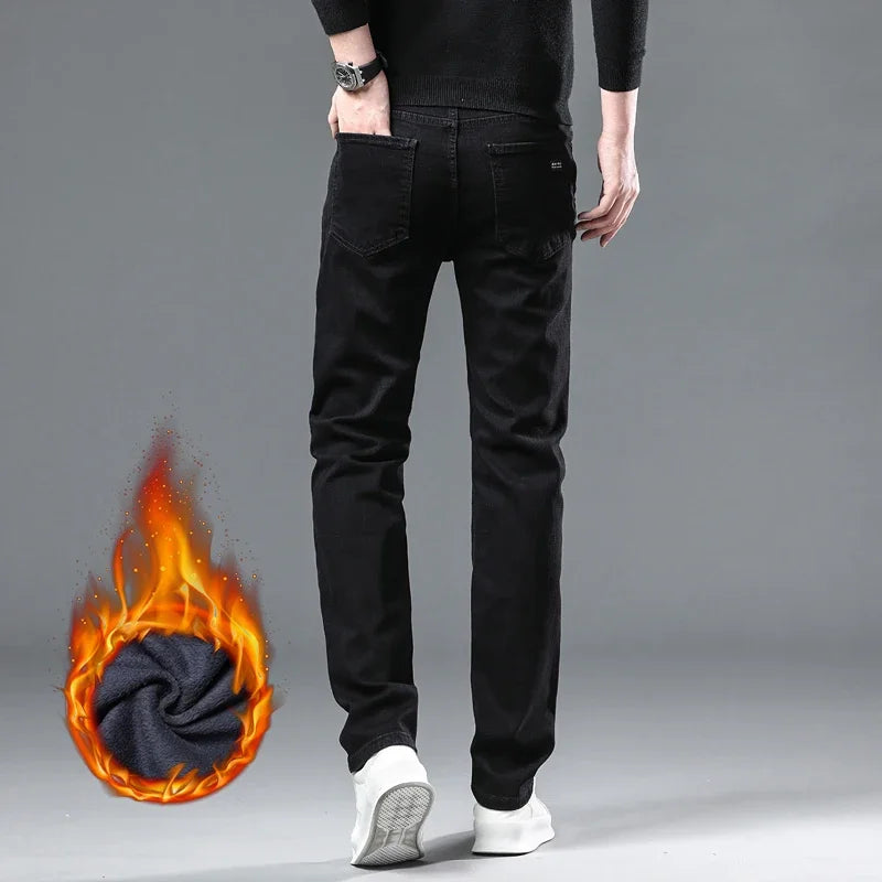 WTHINLEE Winter Men Black Straight Stretch Denim Thick Velvet Pants