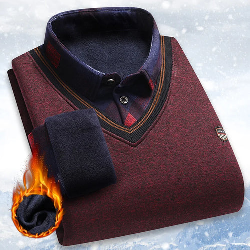 Men's Plush Sweater Autumn Winter Fake Two Piece Pullover Polo Shirt