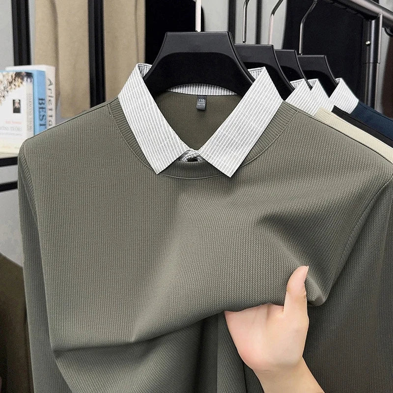2025 New Men's Fake Two Piece Polo Shirt Casual Fashion Long Sleeve