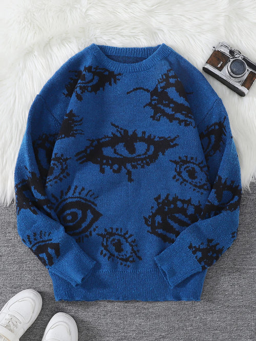 New Popular Autumn and Winter Abstract Eye Jacquard Pattern Pullover
