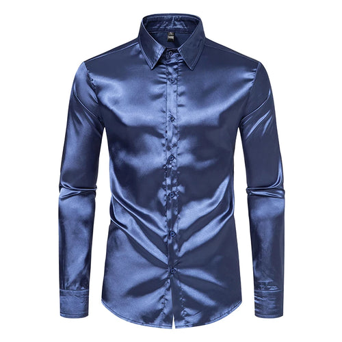 Men's Black Satin Luxury Dress Shirts Fashion Silk Smooth Tuxedo Shirt