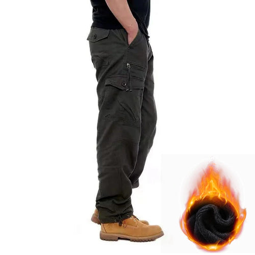 Autumn Winter Mens Cargo Pants Fleece Warm Trousers Cotton Pants