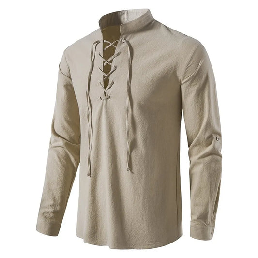 2023 New Men's Casual Blouse Cotton Linen Shirt Tops Long Sleeve Tee