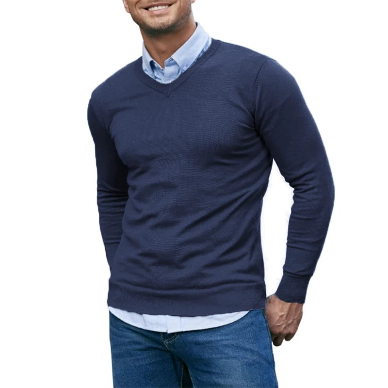 Men's V Neck Sweater Knitted Pullover Casual Soft Lightweight Long