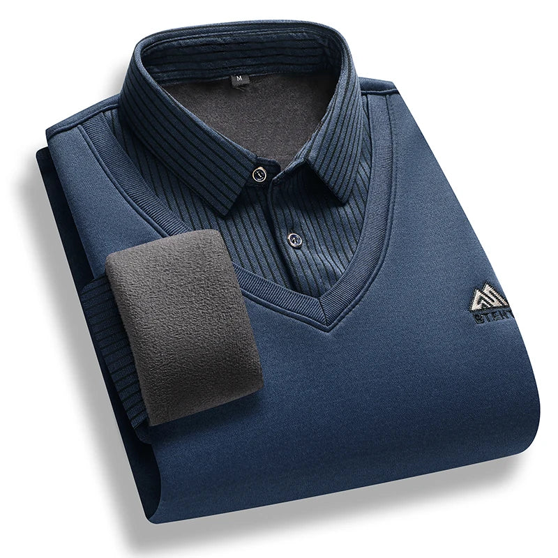 Men's Fleece Lined Sweater Polo Collar Pullover Tops Fake Two Piece