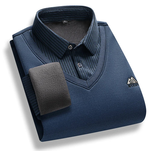 Men's Fleece Lined Sweater Polo Collar Pullover Tops Fake Two Piece