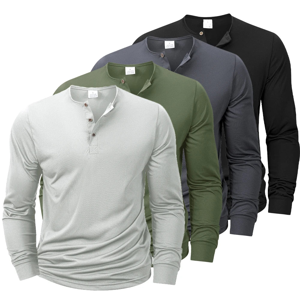 New Men's Henley T-shirts Long Sleeve Basic Casual Band Collar T