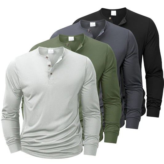 New Men's Henley T-shirts Long Sleeve Basic Casual Band Collar T